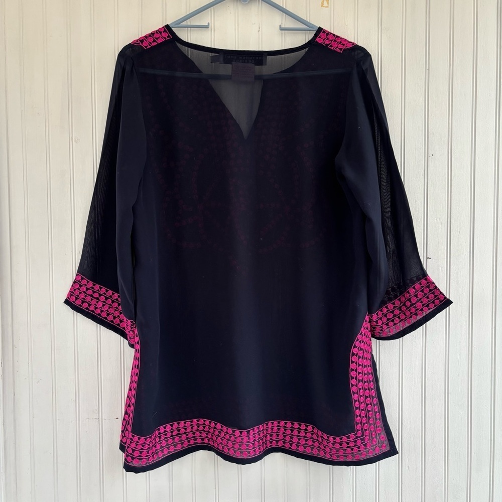 Gretchen Scott Women's Navy Blue Pink Relaxed Fit Long sleeve Sheer Tunic SMALL - Picture 2 of 7